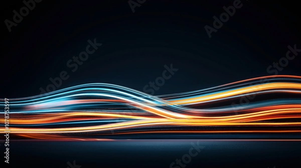 Fototapeta Abstract digital artwork featuring dynamic blue and orange light trails on a dark background, creating a flowing, wave-like motion effect illustrating motion and speed.