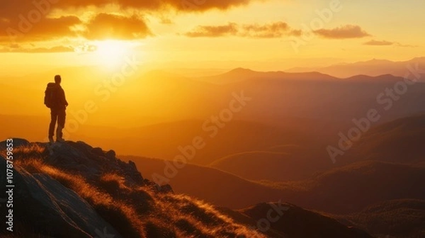 Fototapeta Silhouette of a Hiker at Sunset Over Mountain Range