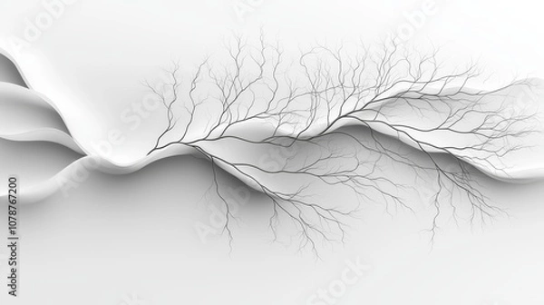 Fototapeta Abstract Composition of Delicate Tree Branches on Soft White Waves, Illustrating Nature's Patterns and Textures in a Minimalist Style