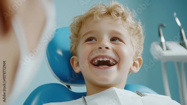 Fototapeta A cheerful child sitting in a dental chair, smiling widely, showing joy during a dental visit, creating a positive atmosphere.