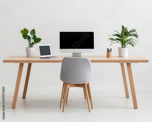Fototapeta Minimalist office with a focus on natural materials, featuring light wood desks, white walls, and minimal decor