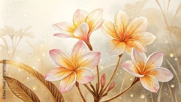 Obraz Watercolor Flowers with Golden Sheen, Elegant Card Template,Floral Card Template with Gold-Toned Watercolor Flowers