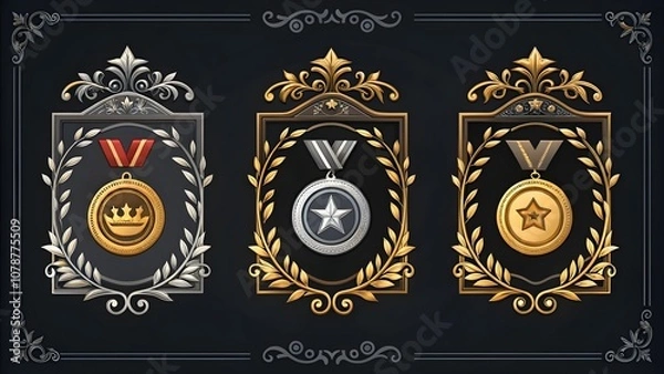 Fototapeta Luxury Game Ranking Badge Frames on Black Background, Premium Design,Elegant Game Badge Frames, Black Background, Gold Accents