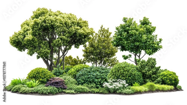 Fototapeta A row of bushes and trees with a white background