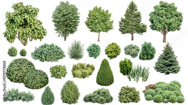 Fototapeta A collection of different types of bushes and trees