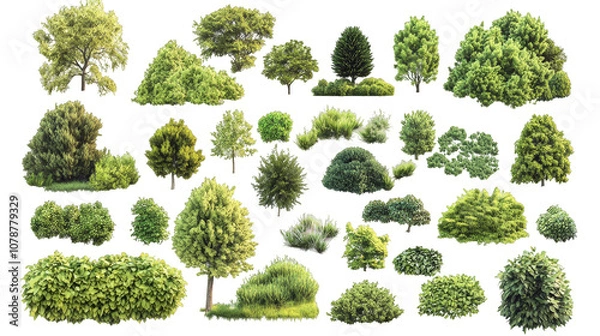 Fototapeta A collection of different types of bushes and trees