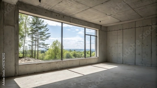 Obraz Empty Concrete Room with Large Window and Nature View,Spacious Concrete Interior with Natural Backdrop