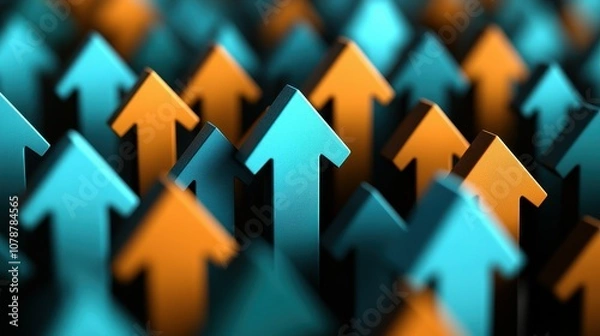 Fototapeta A row of blue and orange arrows pointing upward. The blue arrows are taller than the orange ones