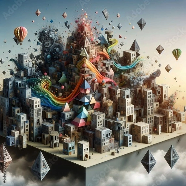 Fototapeta A surreal cityscape with a large, floating structure made of various geometric shapes. The structure is covered in colorful elements, including buildings and floating objects.
