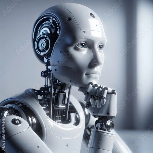 Fototapeta Close-up portrait of a humanoid robot with a thoughtful expression, its hand resting on its chin. The robot is rendered in a realistic style with visible mechanical parts.