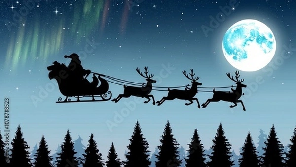 Obraz A silhouette of Santa’s sleigh pulled by reindeer, soaring across a starry night sky, with the full moon
