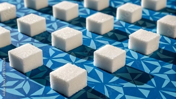 Obraz White Sugar Cubes on Blue Geometric Background,Abstract Sugar Cube Design with Blue Geometric Pattern