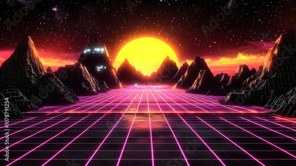Fototapeta Retro Futuristic 3D Landscape with Neon Grid and Sunset