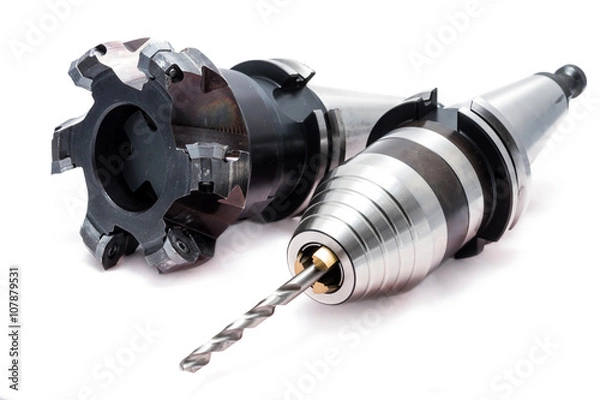 Fototapeta Metal milling tools / equipments with holder for CNC machine for heavy industry on white background