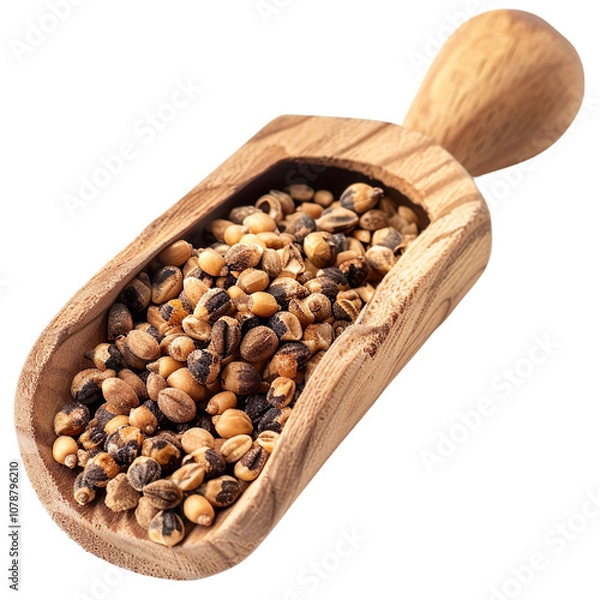 Fototapeta Front view of a wooden scoop filled with dry Organic Jowar or Sorghum isolated on a transparent background