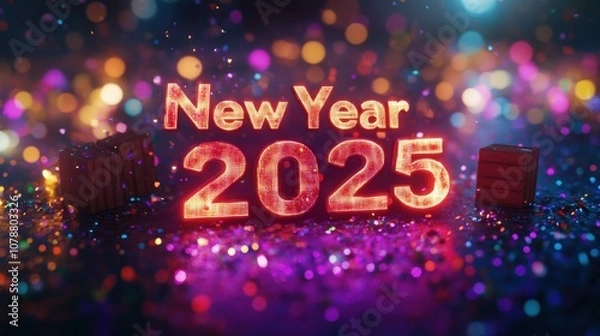 Fototapeta "New Year 2025" in a glowing computer font, surrounded by shimmering confetti and bokeh lights.