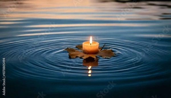 Obraz Small burning candle floating on a dry leaf in water creating ripples at sunset, conveying peace and tranquility