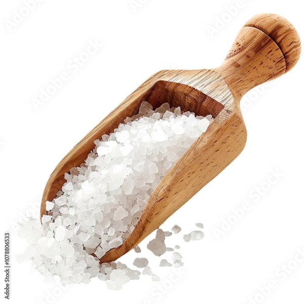 Fototapeta Salt crystals in a small wooden scoop with a round handle isolated on a transparent background