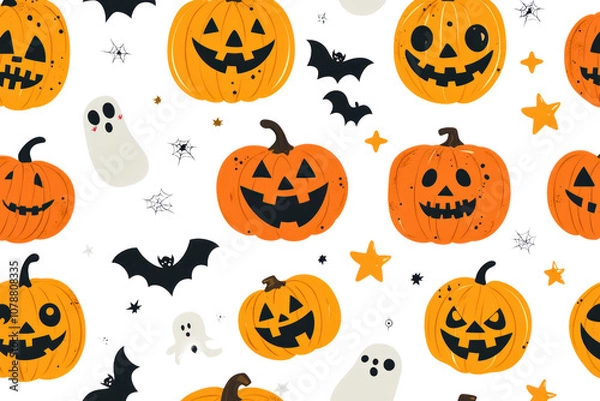 Fototapeta Vibrant seamless design displaying a collection of jack-o-lanterns with assorted scary faces, arranged in a playful yet spooky manner.