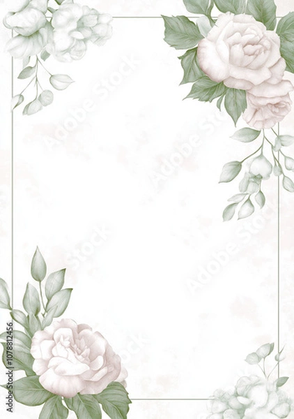 Fototapeta Watercolor white floral frame, tropical flowers in the corners of an empty rectangle, white background, pink and green color palette, vector illustration, with white space on all sides.