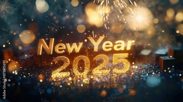 Fototapeta "New Year 2025" written in glowing digital font with golden bokeh lights and fireworks lighting up the sky.