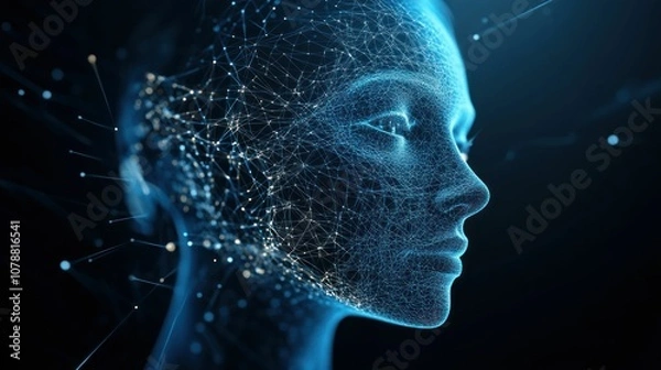 Obraz A digital rendering of a human face constructed of glowing lines and dots, representing artificial intelligence or the digital age.