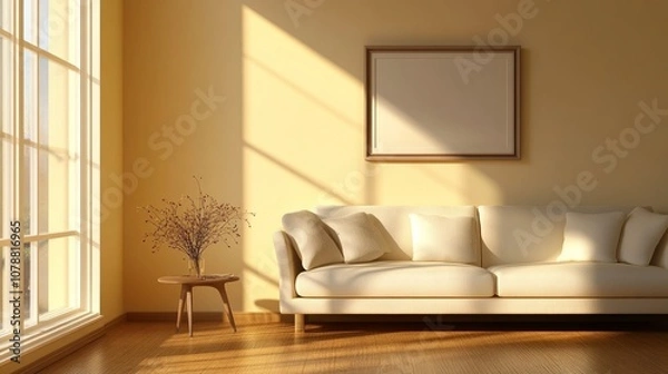 Fototapeta Light-filled living room with an empty frame on the wall, a comfortable sofa, and a side table holding dried flowers.