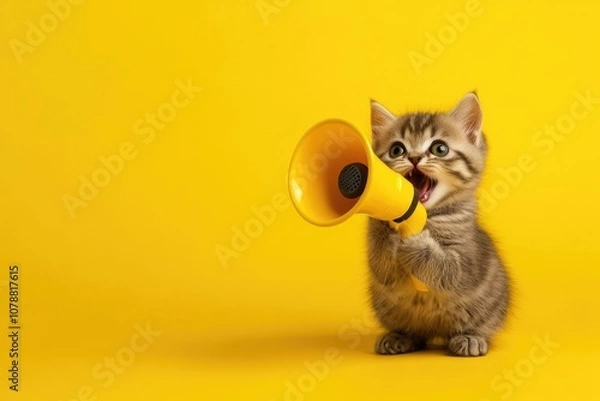 Fototapeta Funny cute kitten with megaphone on yellow background with copy space. Announcement concept, rush, discounts, sales.