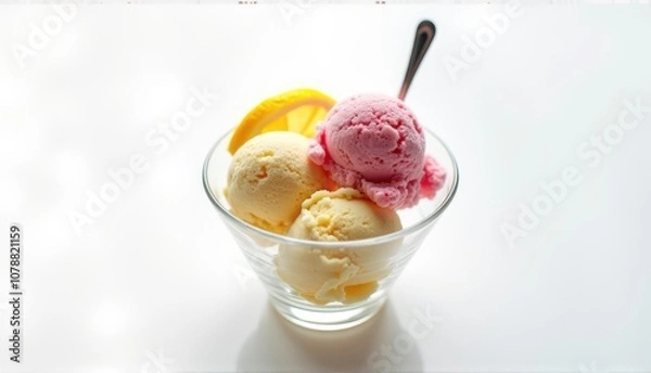 Obraz Delightful scoop of creamy lemon and strawberry ice cream served in a glass bowl, perfect for summer enjoyment on a sunny afternoon