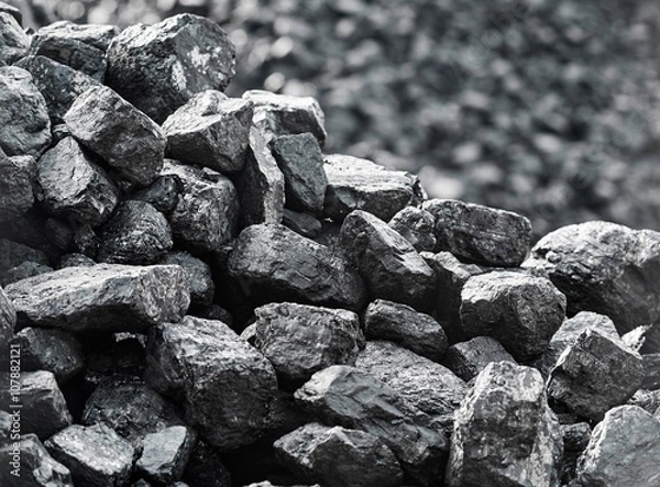 Fototapeta Heap of coal. A place, where coal is stored for selling.
