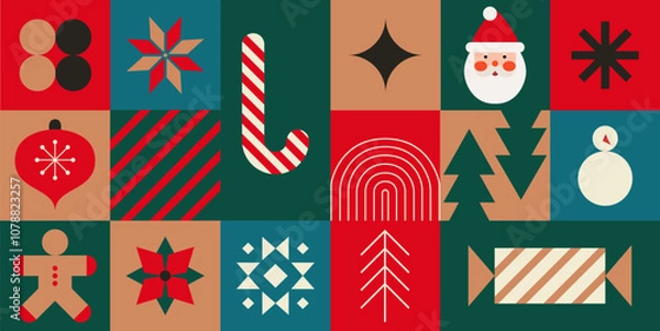 Fototapeta Advent Calendar, Merry Christmas poster, printable template with Xmas elements in modern minimalist style. Vector illustration and concept design.Holiday season, Trendy, contemporary abstract design. 