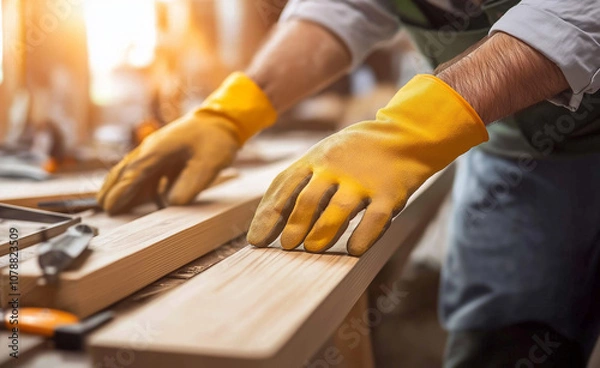 Obraz Gloved hands handling wooden planks in a workshop with warm sunlight, illustrating carpentry and woodworking craftsmanship.