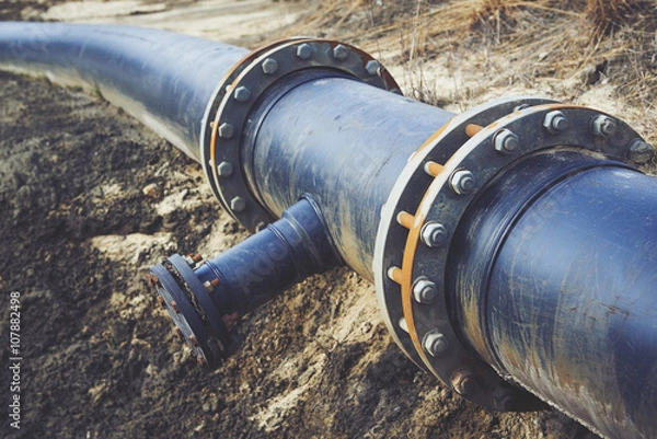 Fototapeta Steal big pipeline on a ground. Old pipes joint.
