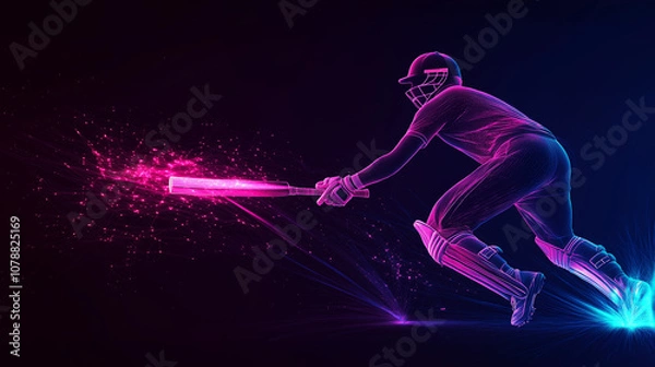 Fototapeta A dynamic neon illustration of a cricket player in motion, wielding a bat with vibrant pink and blue light trails, symbolizing energy, speed, and the thrill of the game