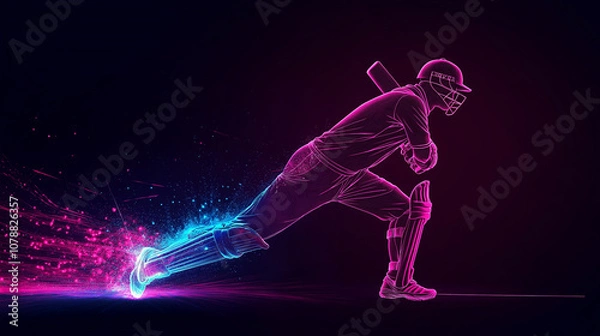 Fototapeta A dynamic neon illustration of a cricket player in motion, wielding a bat with vibrant pink and blue light trails, symbolizing energy, speed, and the thrill of the game