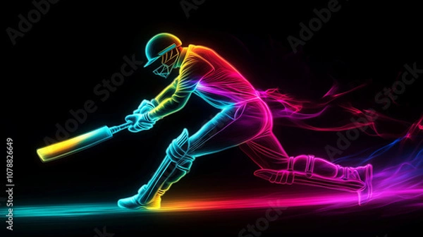 Fototapeta A dynamic neon illustration of a cricket player in motion, wielding a bat with vibrant pink and blue light trails, symbolizing energy, speed, and the thrill of the game