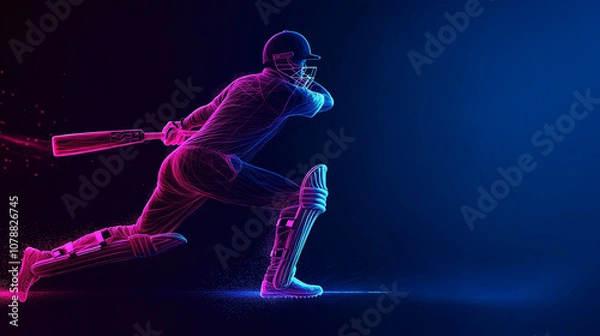 Fototapeta A dynamic neon illustration of a cricket player in motion, wielding a bat with vibrant pink and blue light trails, symbolizing energy, speed, and the thrill of the game