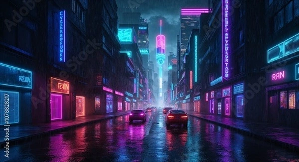 Fototapeta Cyberpunk neon streets neon lights rain futuristic city vibrant urban