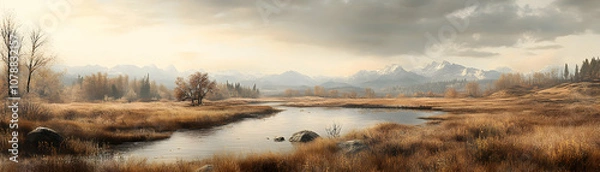 Fototapeta A Serene River Winding Through a Golden Meadow With Majestic Snowy Mountains in the Distance