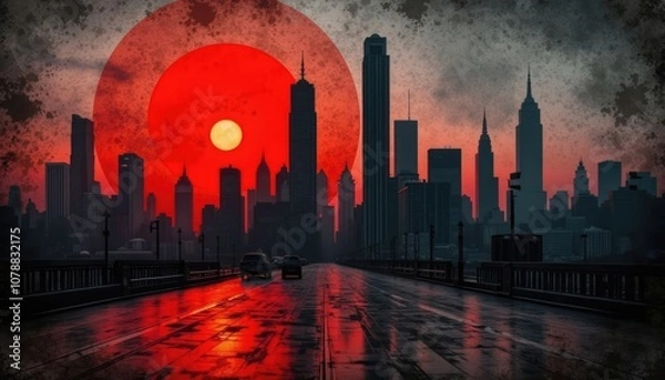 Obraz Dramatic sunset over a city skyline reflecting vibrant hues on wet streets, capturing the essence of urban beauty at twilight