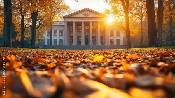 Fototapeta A grand building surrounded by autumn leaves at sunset.