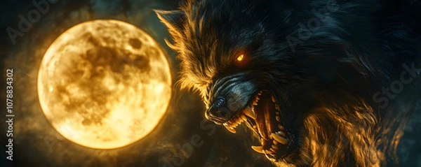 Fototapeta A Close-Up of a Ferocious Werewolf Howling at the Full Moon