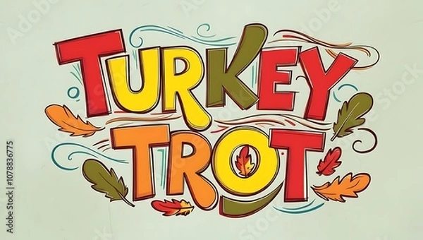 Fototapeta Colorful and Playful Turkey Trot Typography Design Featuring Autumn Leaves and Vibrant Letters for Thanksgiving Celebration Themes
