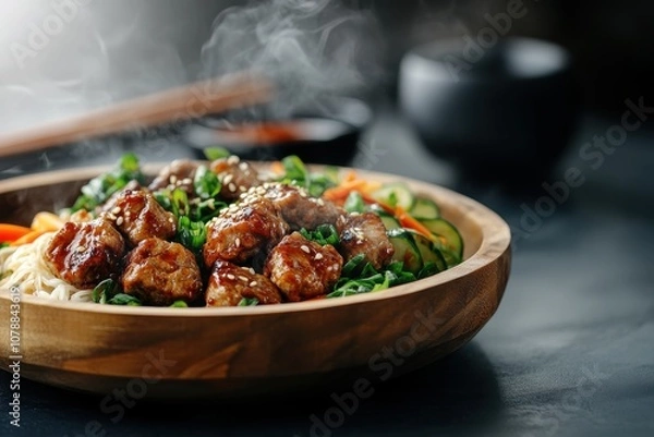 Obraz Steaming Teriyaki Meatballs with Fresh Vegetables and Sesame Seeds in Wooden Bowl