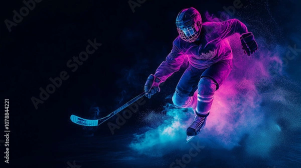 Fototapeta A dynamic image of an ice hockey player in vibrant neon lighting, surrounded by swirling pink and blue smoke. The dramatic composition highlights the athlete's motion and the intensity of the sport.
