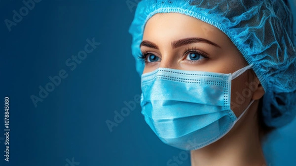 Obraz Close-up portrait of a healthcare professional wearing a blue medical mask and cap, symbolizing dedication and safety in a clinical environment.