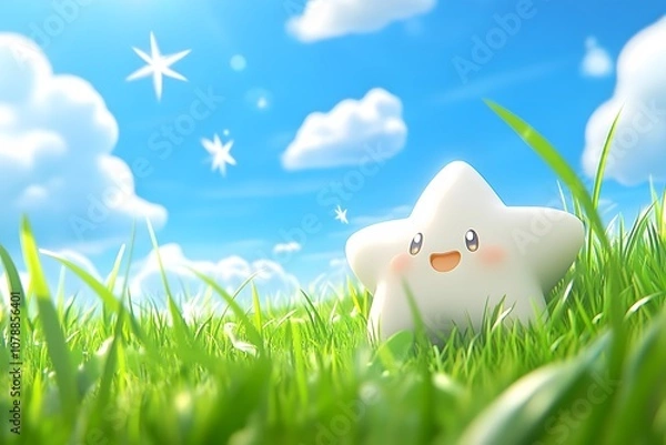 Obraz A cute star smiling in the grassy field, in the style of a cartoon, in the style of a game art design, with a blue sky and white clouds background