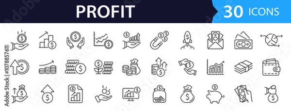 Fototapeta Financial profit set of web icons in line style. Money income linear icon collection. Containing money savings, finance, growth, investment, payment, earnings, management and more. Editable stroke