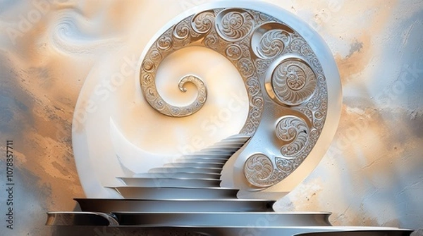 Fototapeta Spiral staircase with ornate patterned swirls in a soft, ethereal environment blending blue and beige tones.