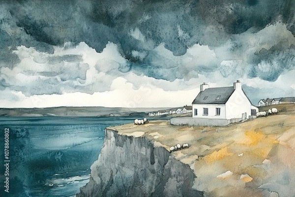 Fototapeta An oil painting on canvas of the most western point of United Kingdom, Lands End with the first and last house on the island, built right on the edge of the cliffs overhanging the ocean shore.
